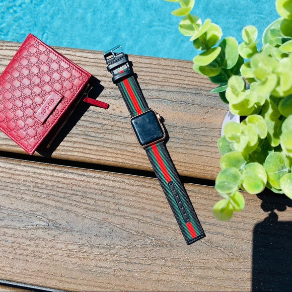 Luxury Nylon Red Green Stripe Apple Watch Band - Picture 3 of 6